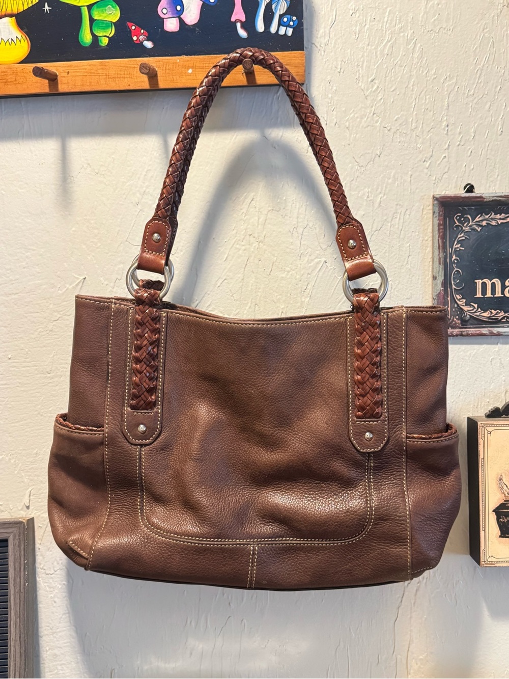 Fossil VTG 75082 Brown Leather Braided-Handle Tote Bag